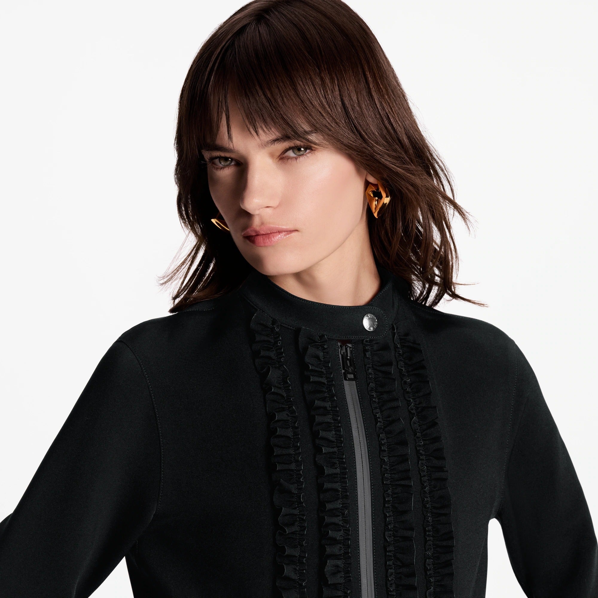 Ruffle Trim Long-Sleeved Technical Jersey Dress