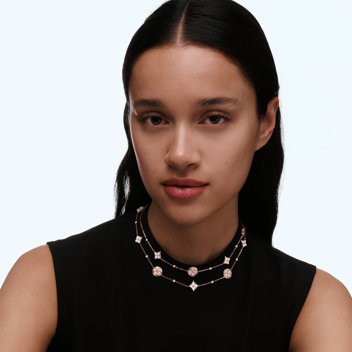 Color Blossom BB Star and Sun Multi-Motif Long Necklace, Pink Gold, White Mother-of-Pearl and Diamonds