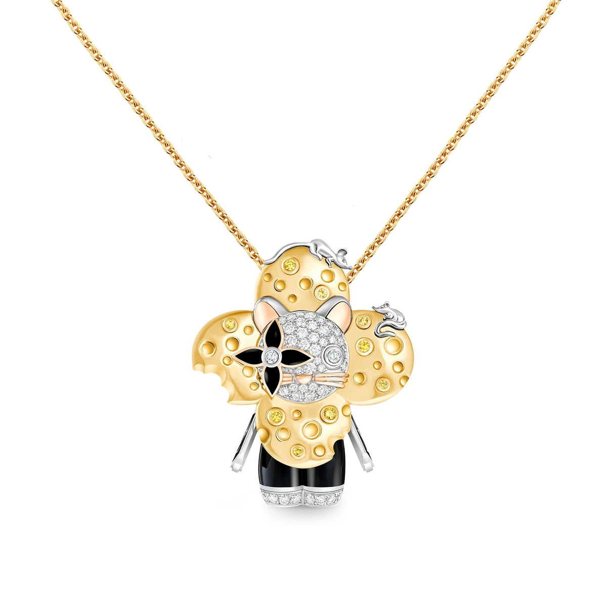 Vivienne Rat Pendant, 3 Golds, Lacquer, Diamonds & Colored Gemstones