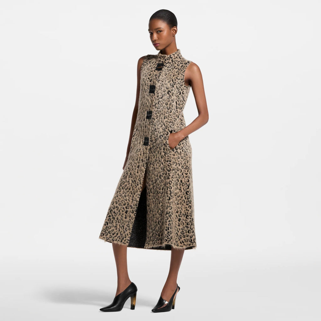 Sleevless Leopard Knit Coat