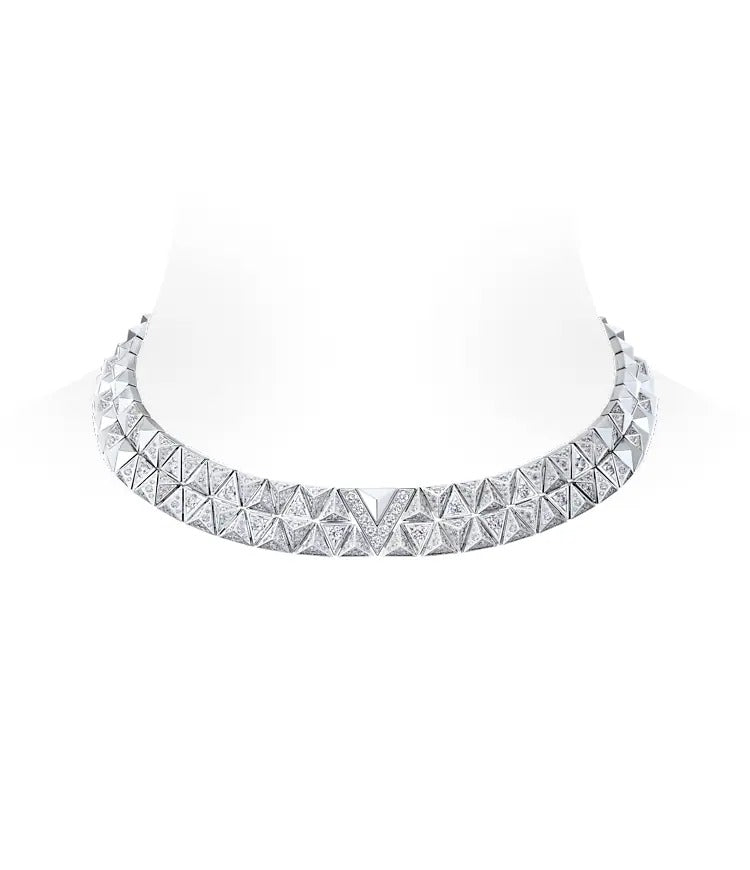 Pure V Two-Row Necklace, White Gold and Diamonds