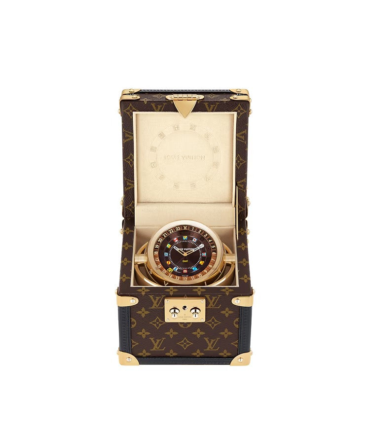 Trunk Table Clock, Quartz, 80mm, Brass, Monogram