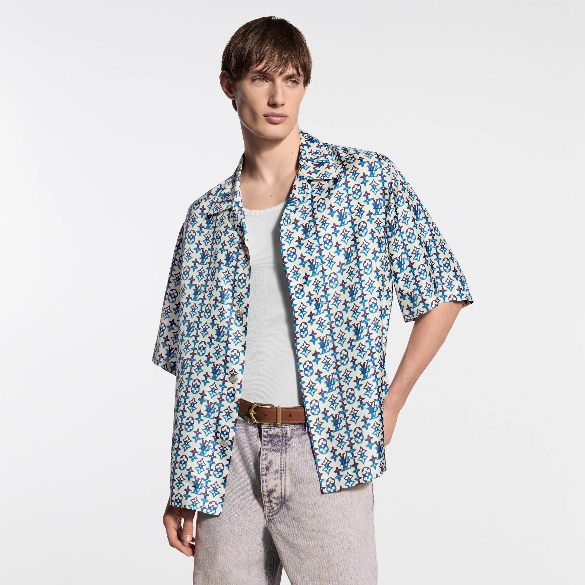 Monogram Printed Silk Short-Sleeved Shirt