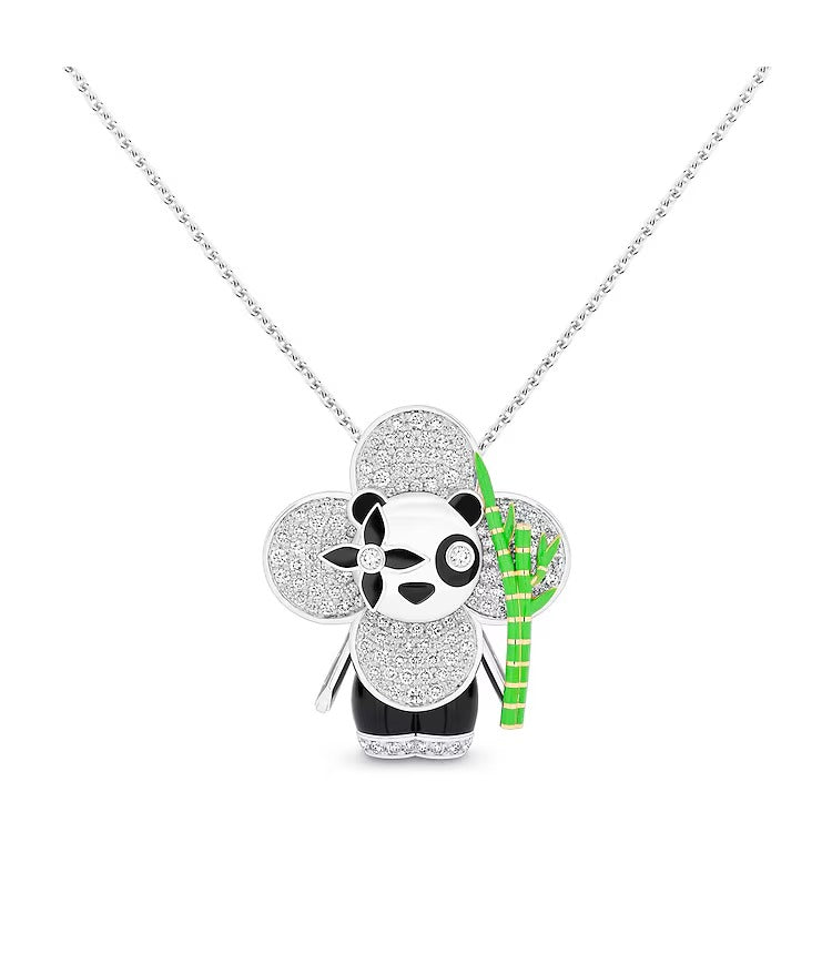 Vivienne Panda Pendant, White Gold, Yellow Gold, Onyx, Lacquer & Diamonds
