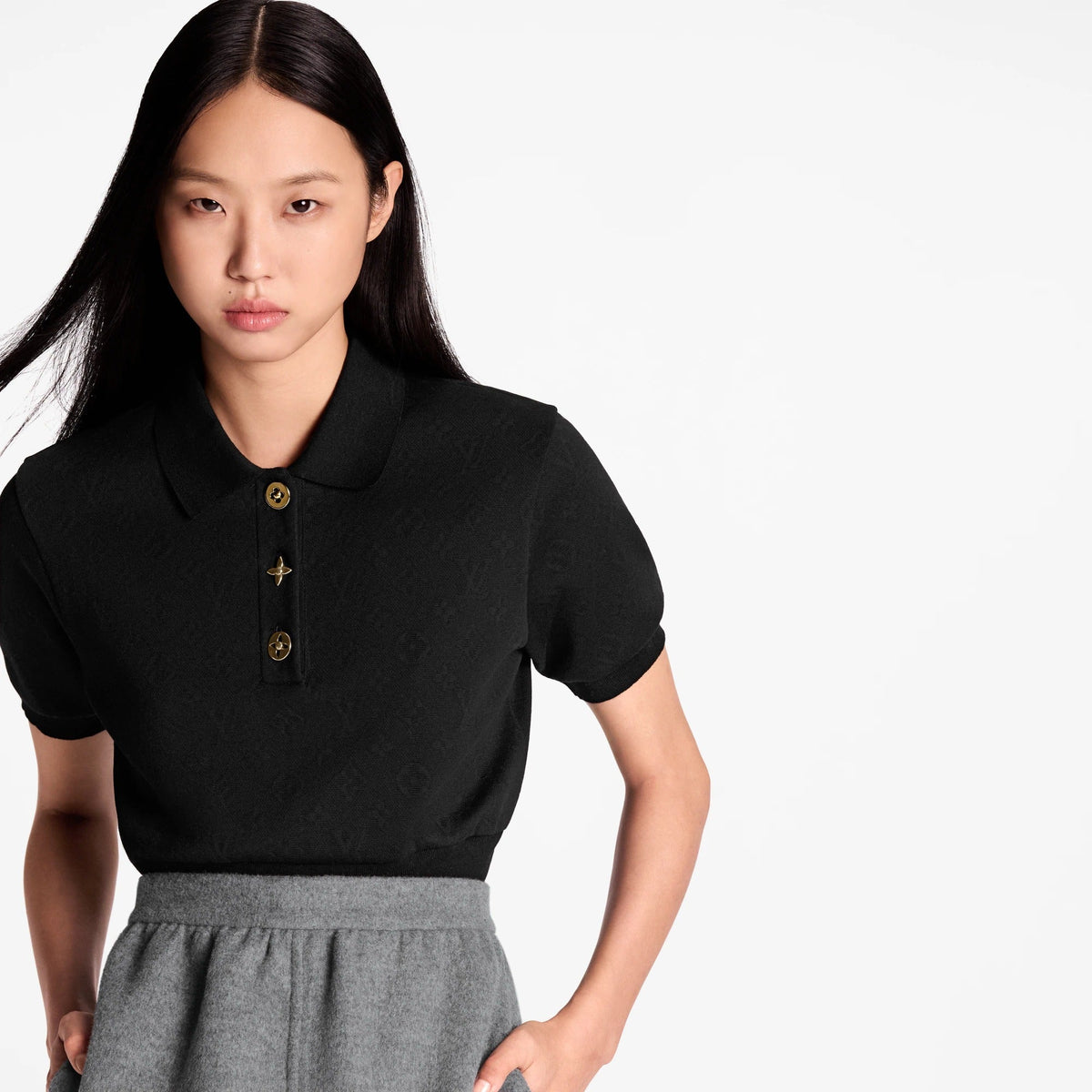 Cropped Monogram Button Polo Top