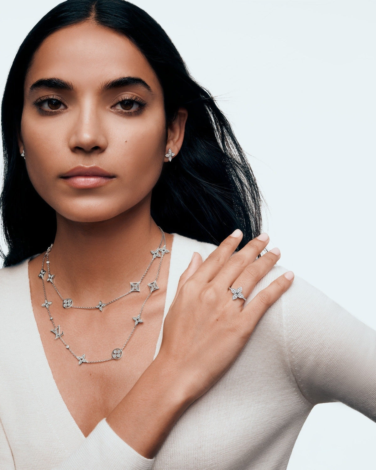 Idylle Blossom Multi-Motif Long Necklace, White Gold and Diamonds