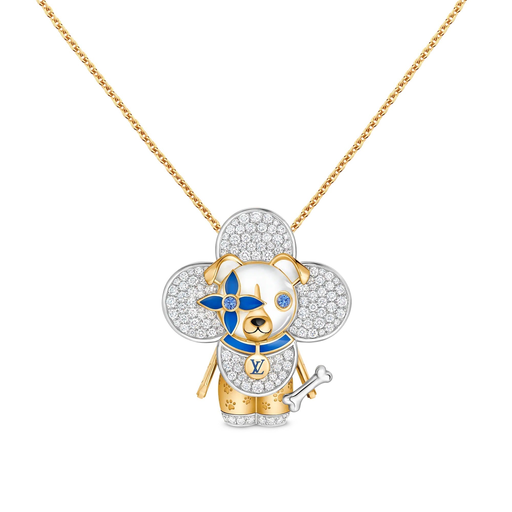 Vivienne Dog Pendant, Yellow Gold, White Gold, Lacquer, Diamonds & Colored Gemstones