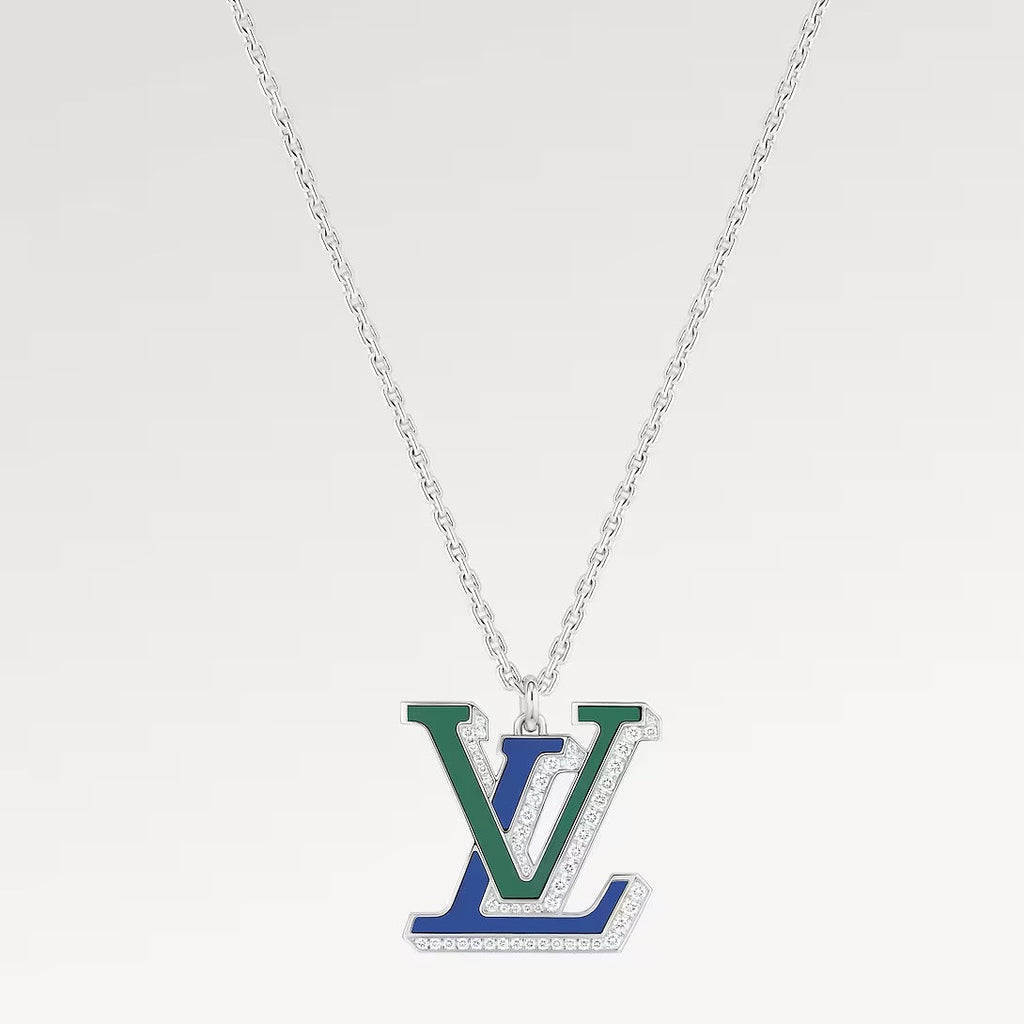 LV Large Pendant, White Gold, Diamonds, Blue Agate and Green Agate