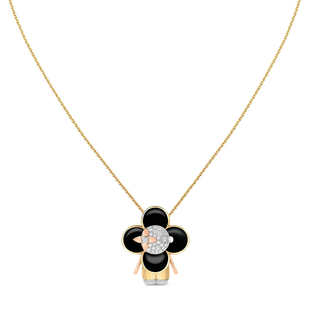 Vivienne pendant, 3 golds, black lacquer & diamonds