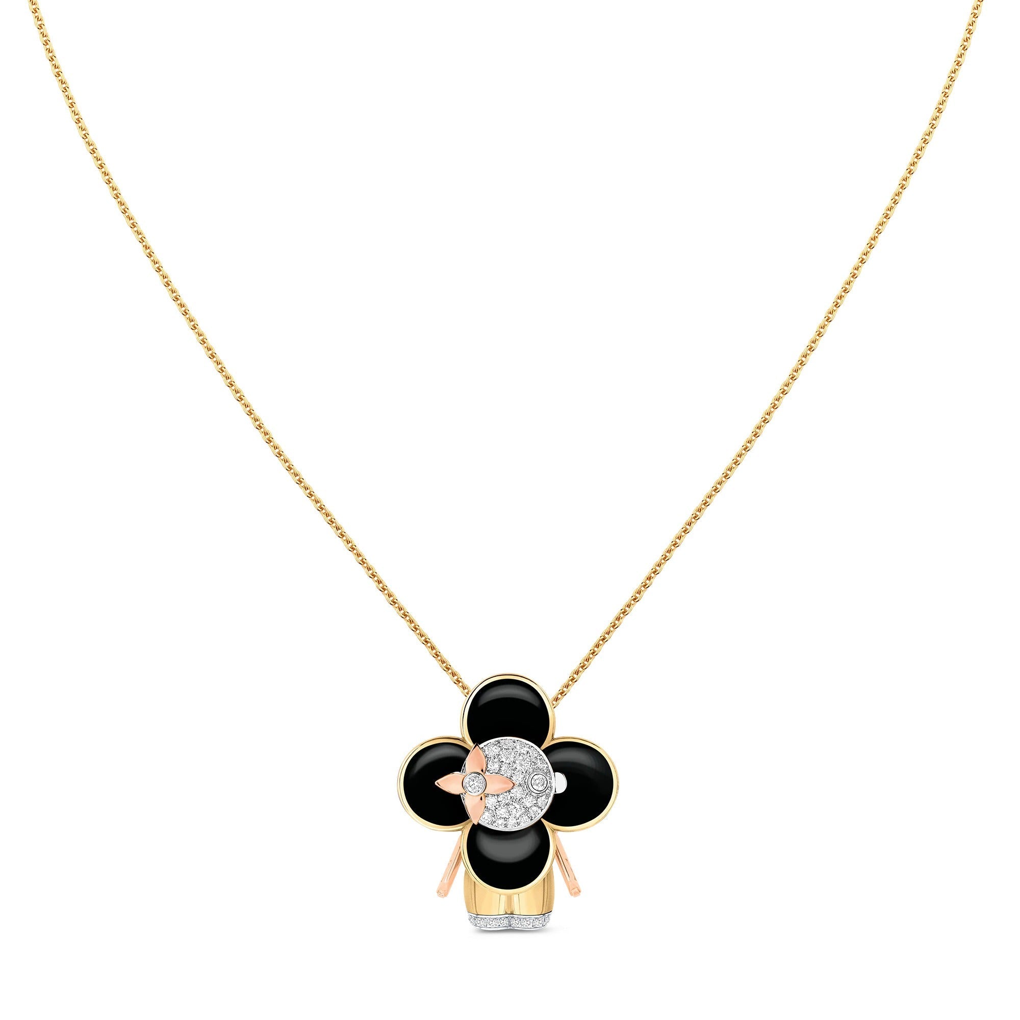 Vivienne pendant, 3 golds, black lacquer & diamonds