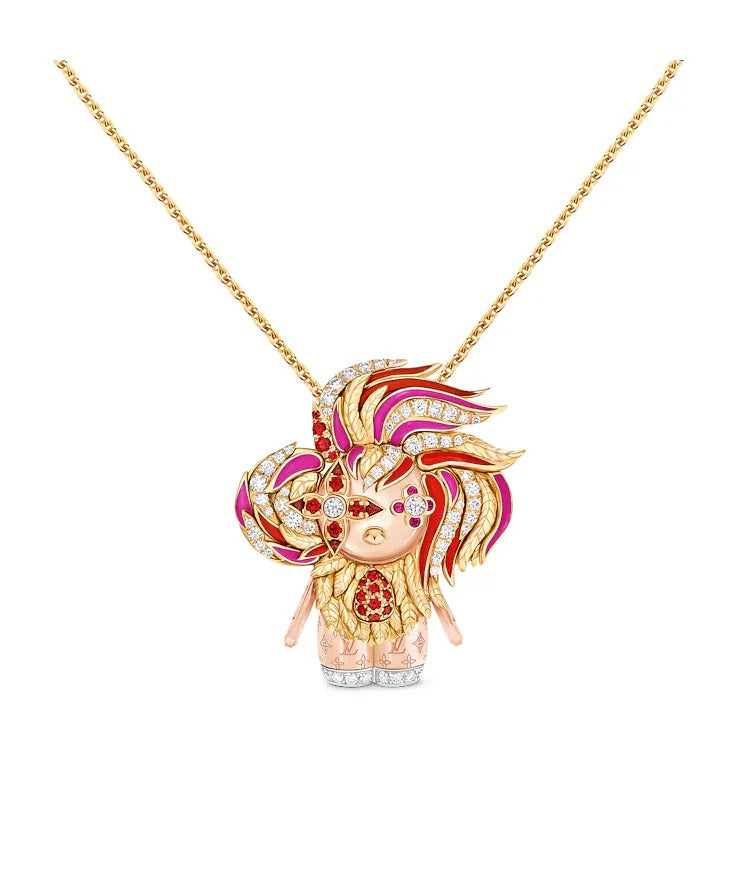 Vivienne Rooster Pendant, 3 Golds, Lacquer, Diamonds & Colored Gemstones