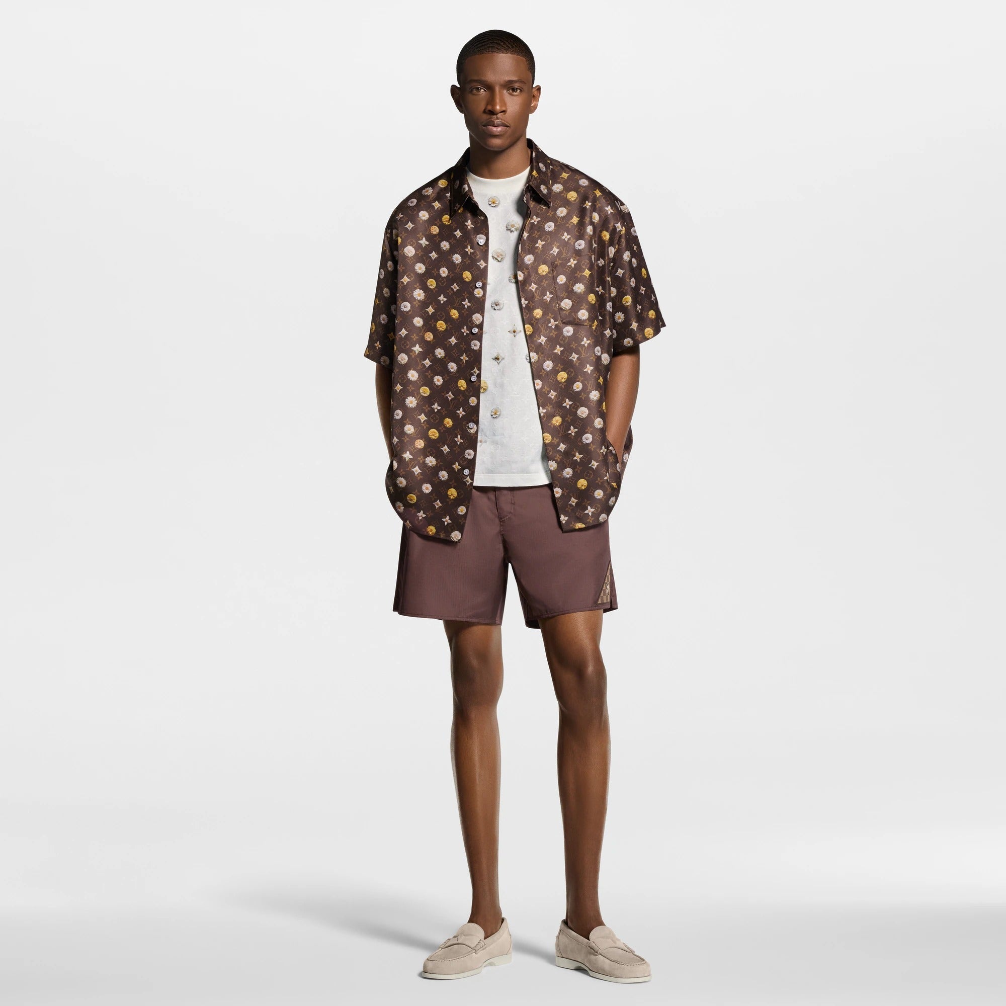 Monogram Printed Short-Sleeved Silk Shirt