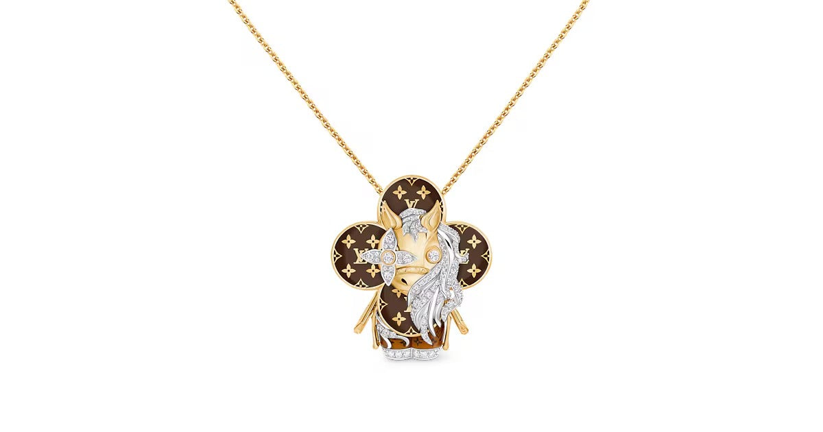 Vivienne Horse Pendant, Yellow Gold, White Gold, Lacquer & Diamonds
