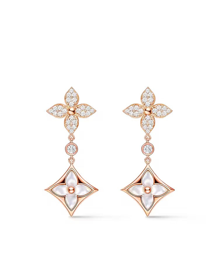 Color Blossom M Star Multi-Motif Earrings, Pink Gold, White Mother-of-Pearl and Diamonds