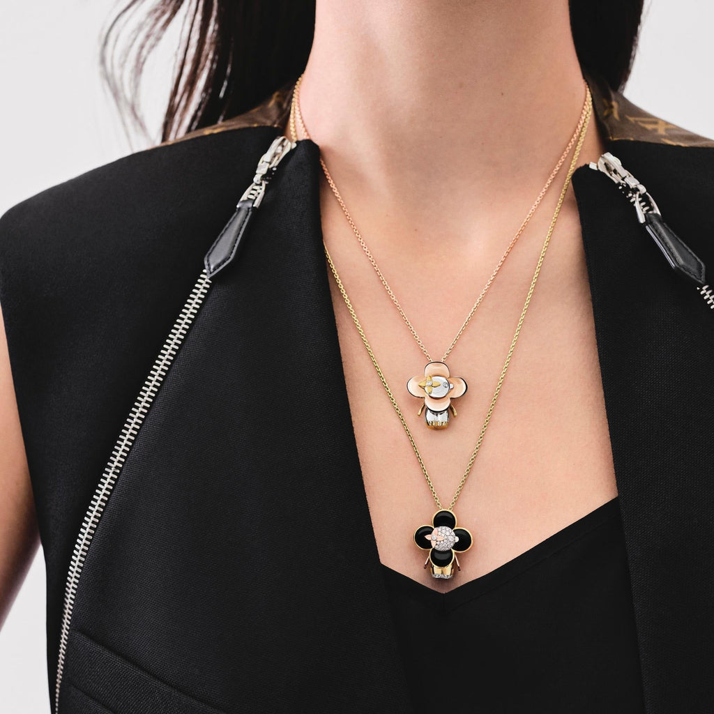 Vivienne pendant, 3 golds, black lacquer & diamonds