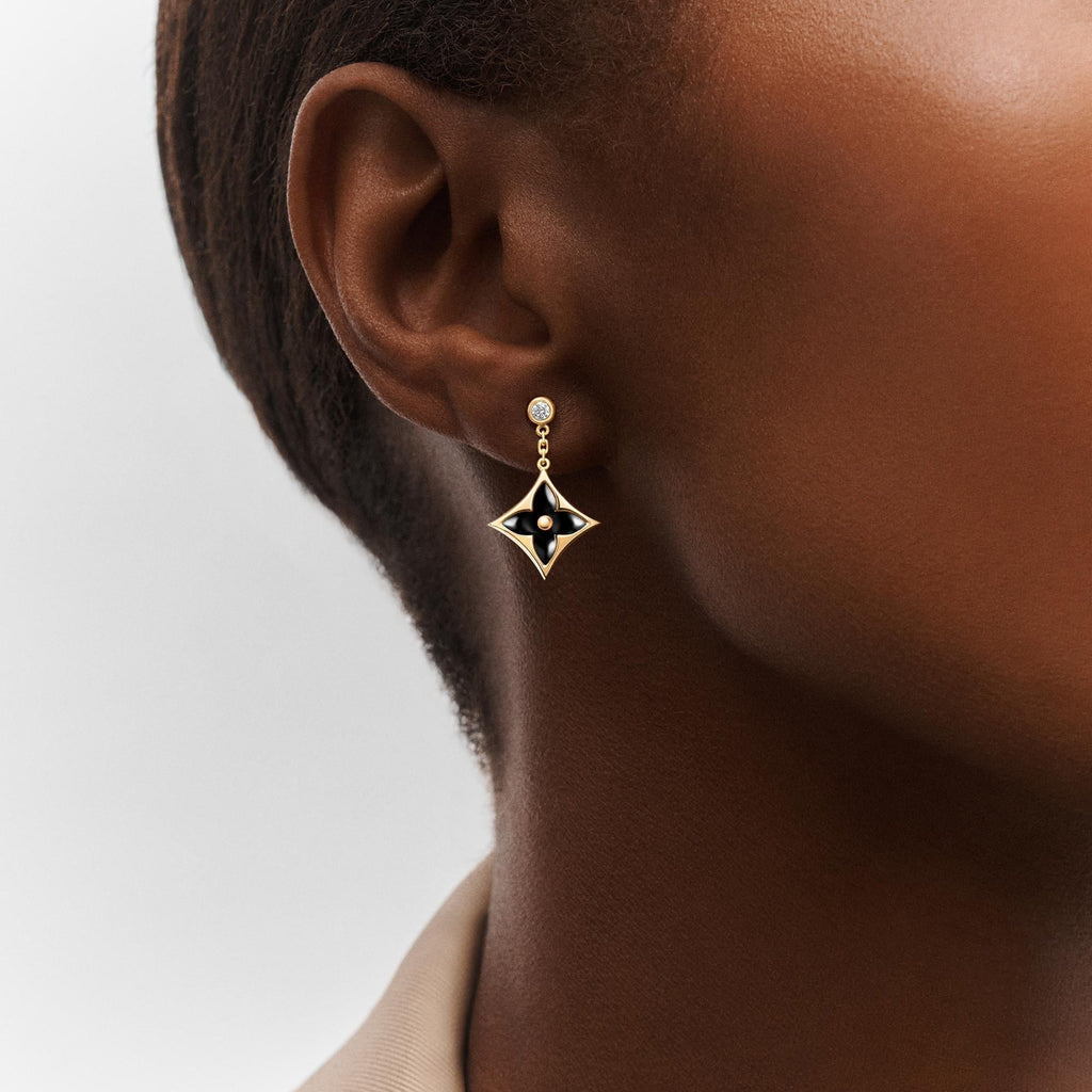 Color Blossom BB Star Earrings, Yellow Gold, Onyx and Diamonds