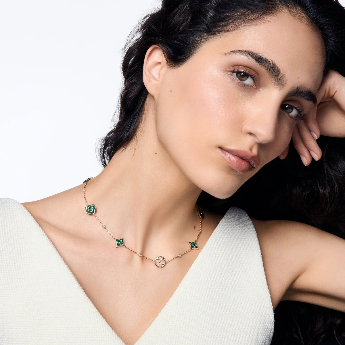 Color Blossom BB Multi-Motif Short Necklace, Pink Gold, Malachite and Diamonds