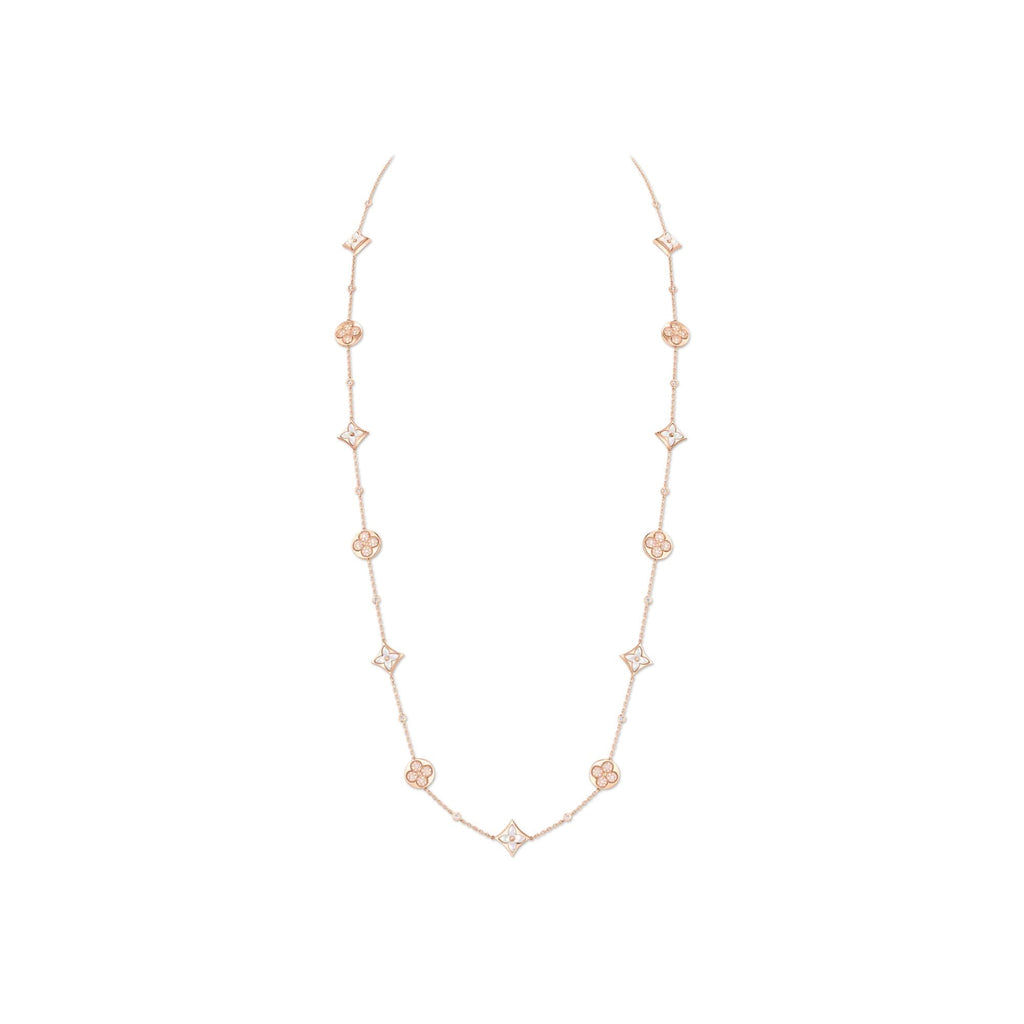 Color Blossom BB Star and Sun Multi-Motif Long Necklace, Pink Gold, White Mother-of-Pearl and Diamonds