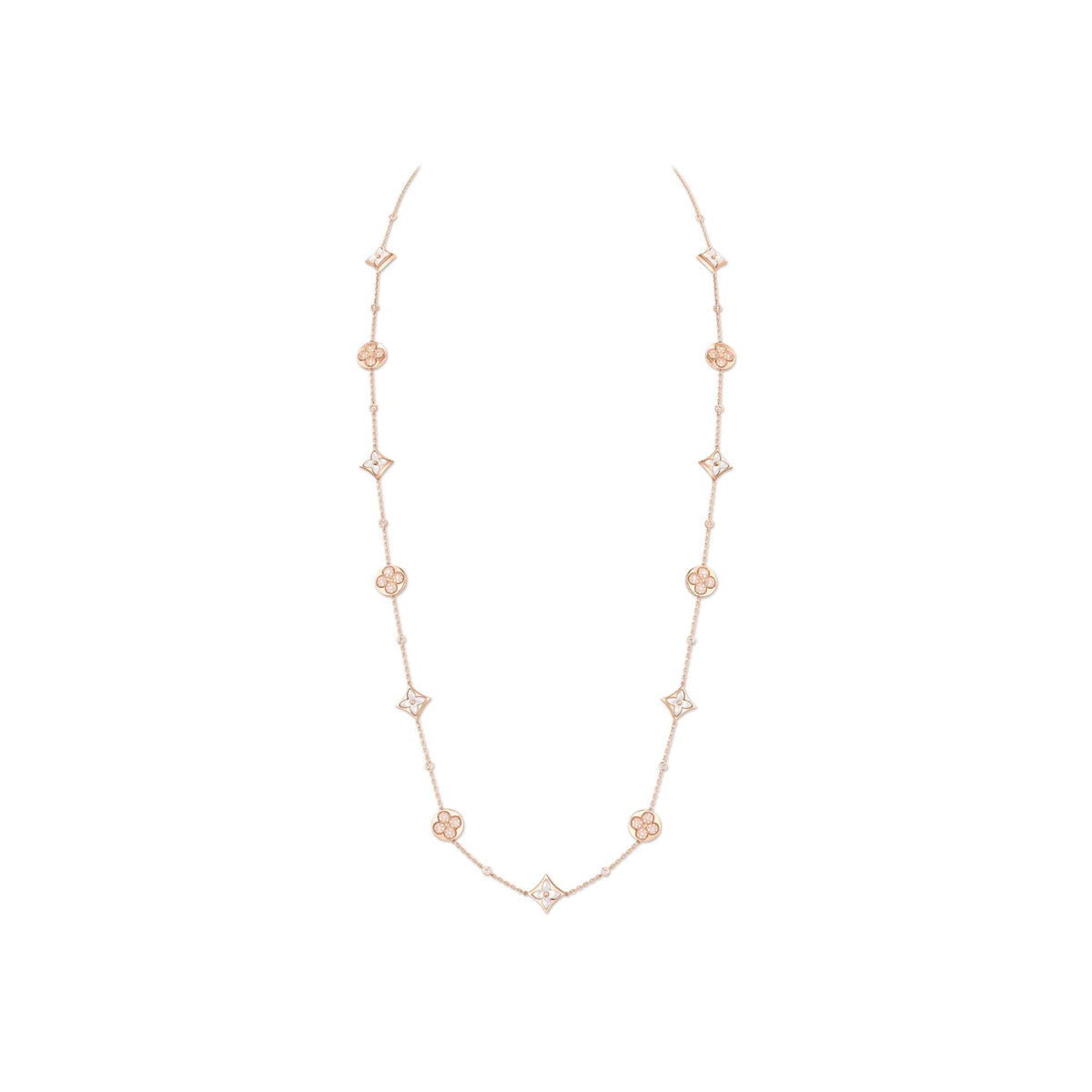 Color Blossom BB Star and Sun Multi-Motif Long Necklace, Pink Gold, White Mother-of-Pearl and Diamonds