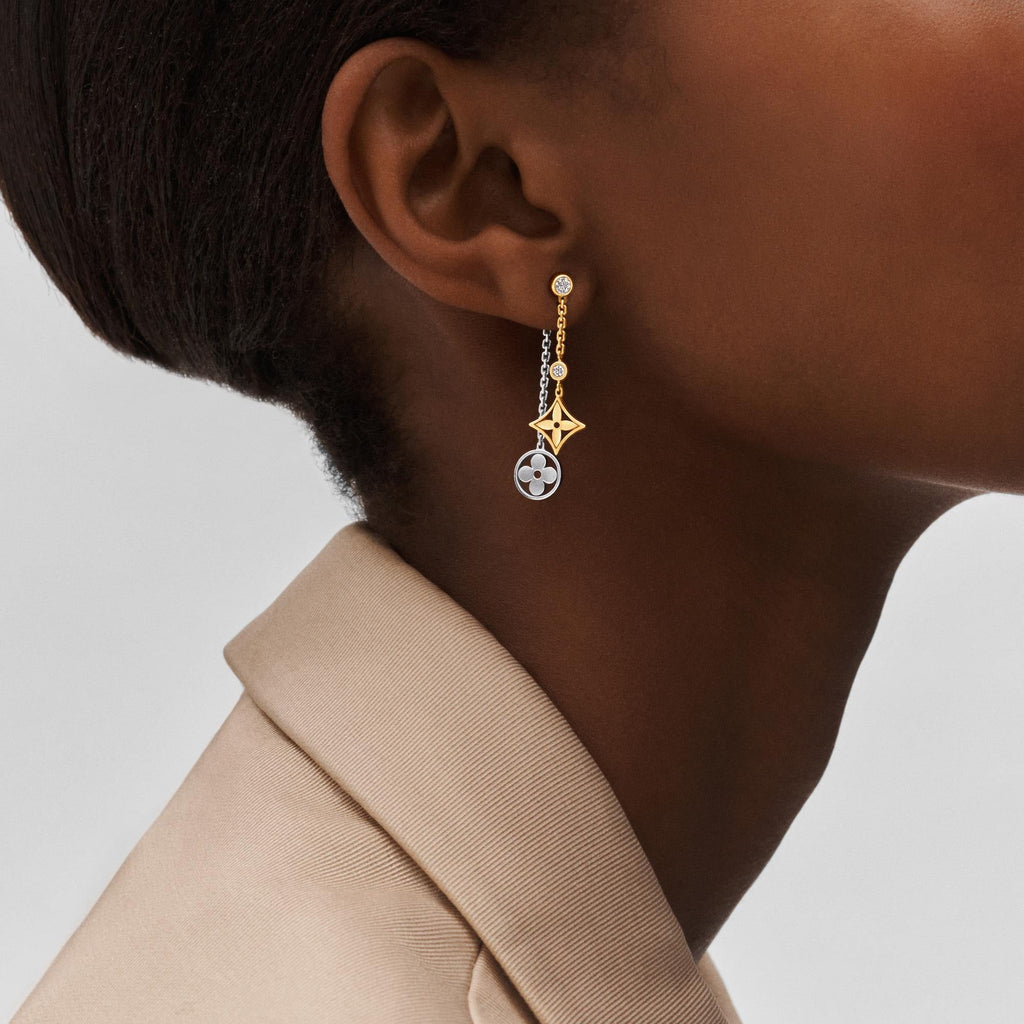 Blossom long earrings, 3 golds and diamonds