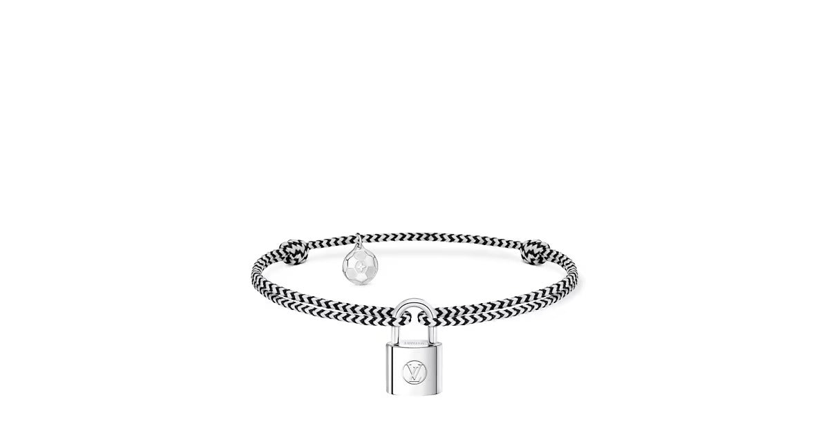 Silver Lockit Bracelet, Sterling Silver, Black and White Polyester Cord with Football Charm