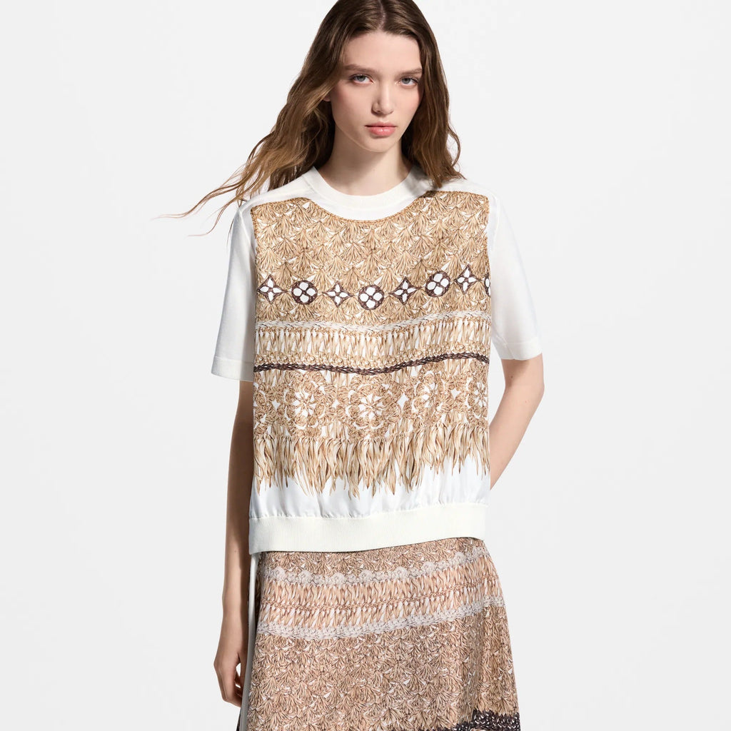 Woven Print Front Knit Top