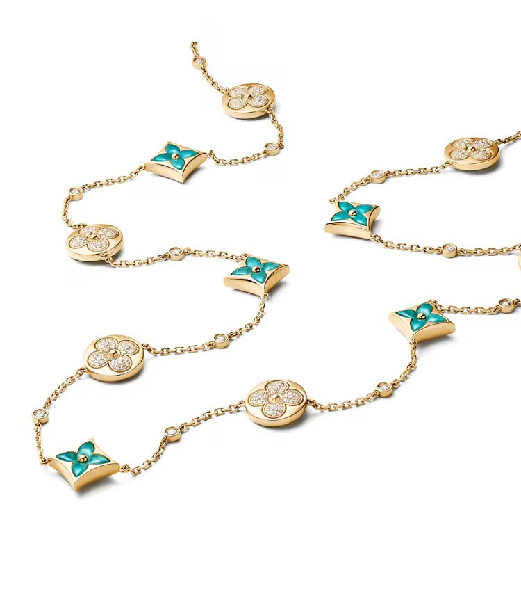 Color Blossom BB Star and Sun Multi-Motif Long Necklace, Yellow Gold, Amazonite and Diamonds
