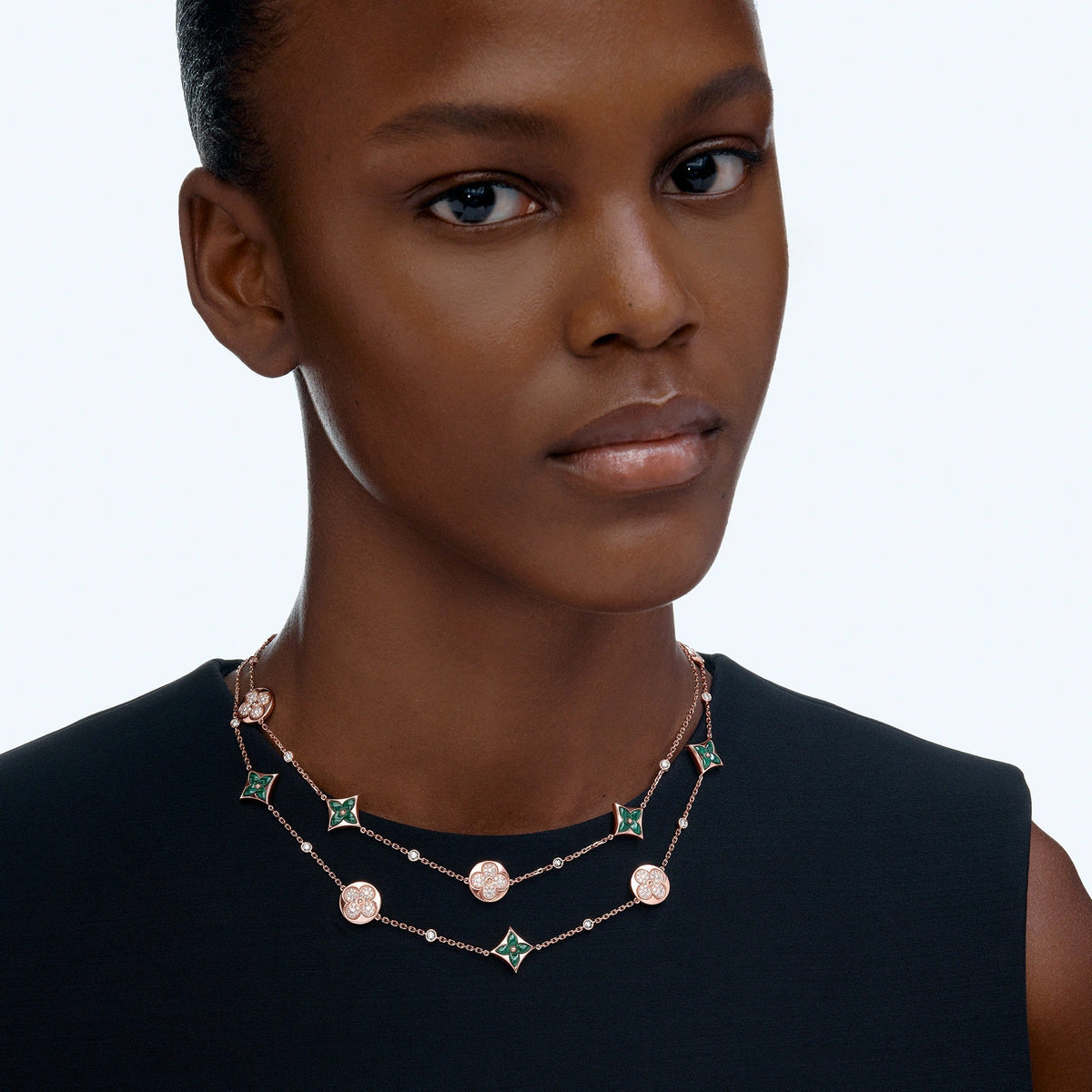 Color Blossom BB Star and Sun Multi-Motif Long Necklace, Pink Gold, Malachite and Diamonds