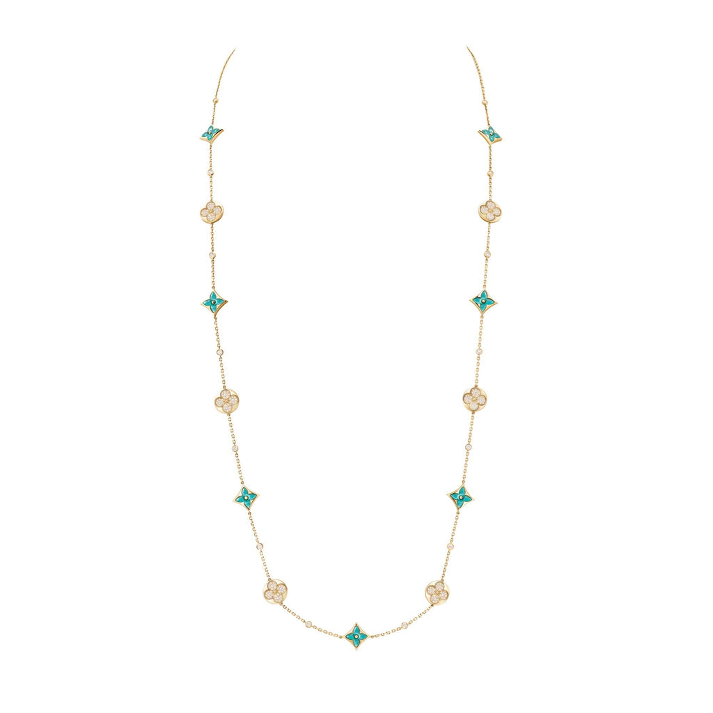Color Blossom BB Star and Sun Multi-Motif Long Necklace, Yellow Gold, Amazonite and Diamonds
