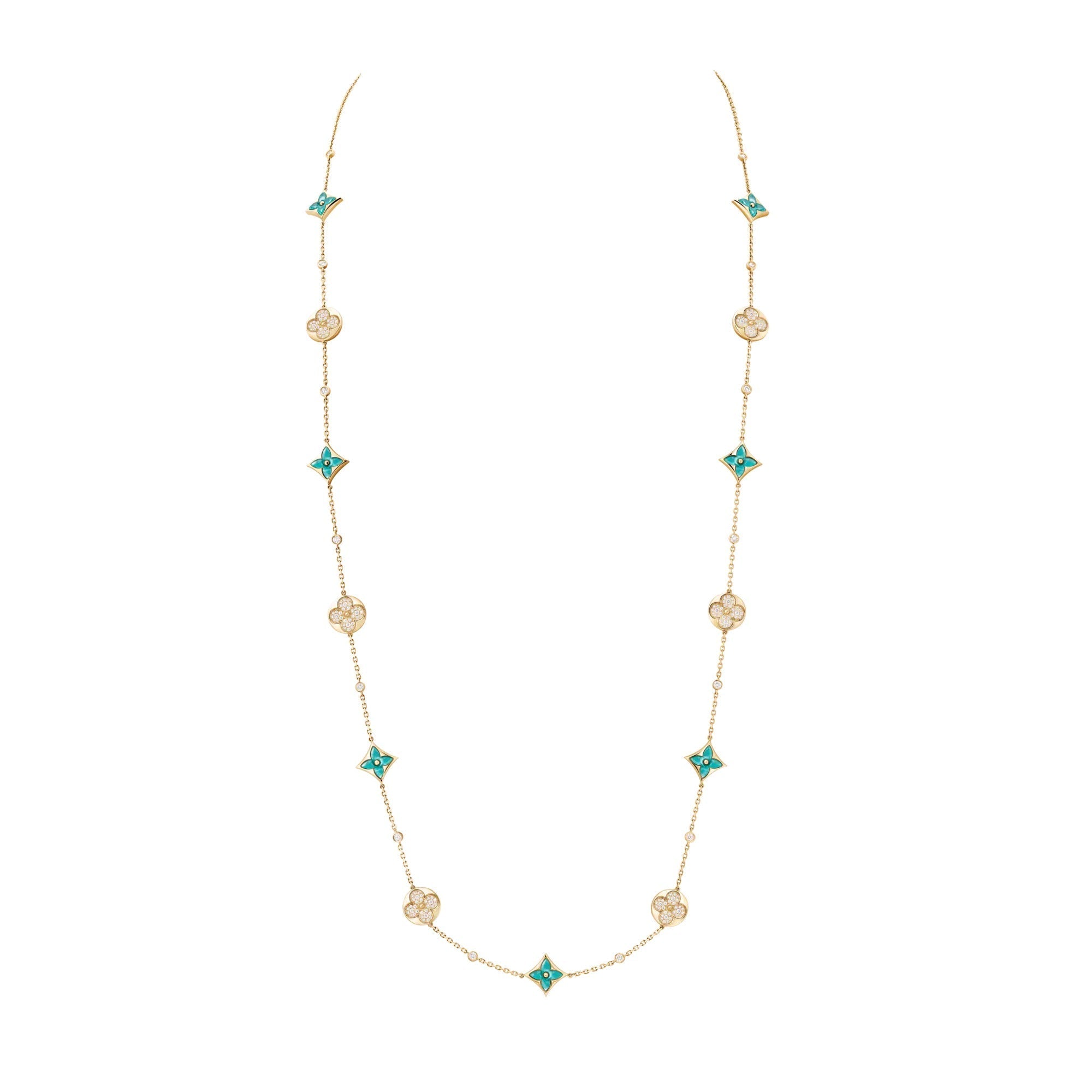 Color Blossom BB Star and Sun Multi-Motif Long Necklace, Yellow Gold, Amazonite and Diamonds
