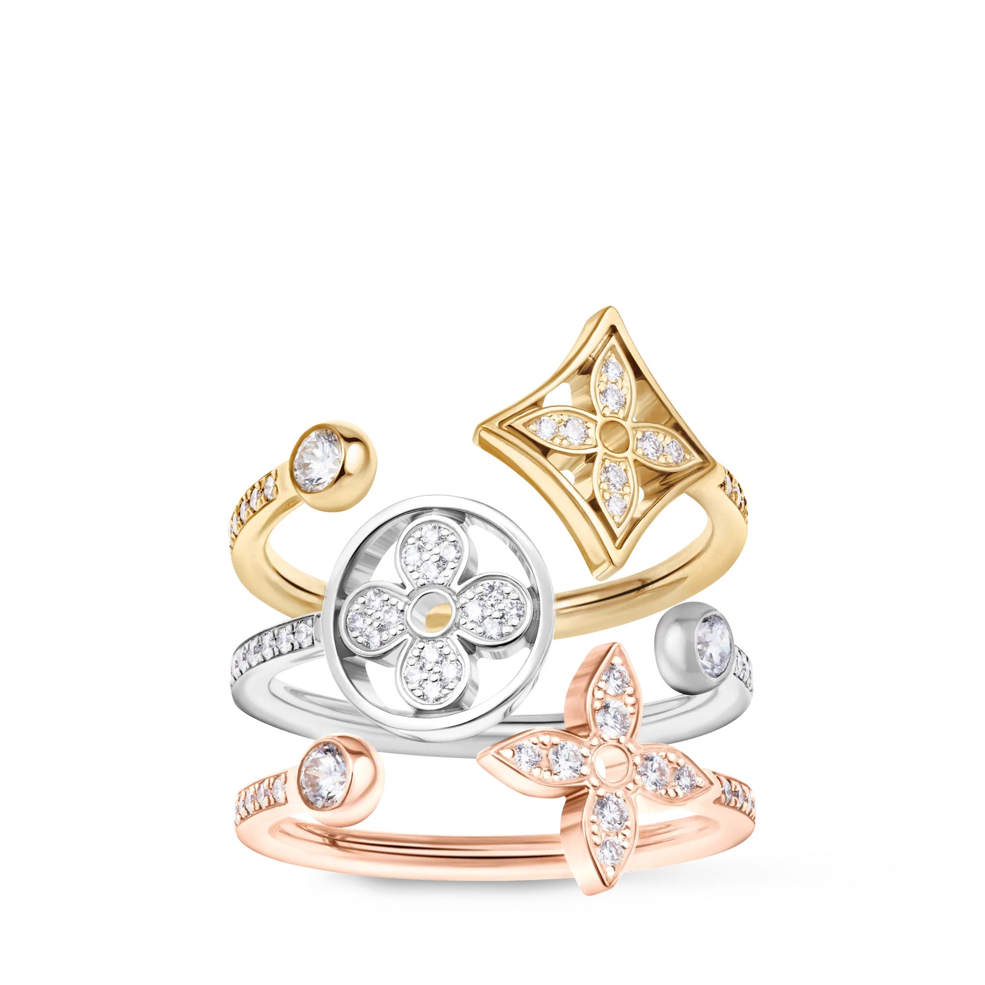 Idylle Blossom Paved Ring, 3 Golds And Diamonds