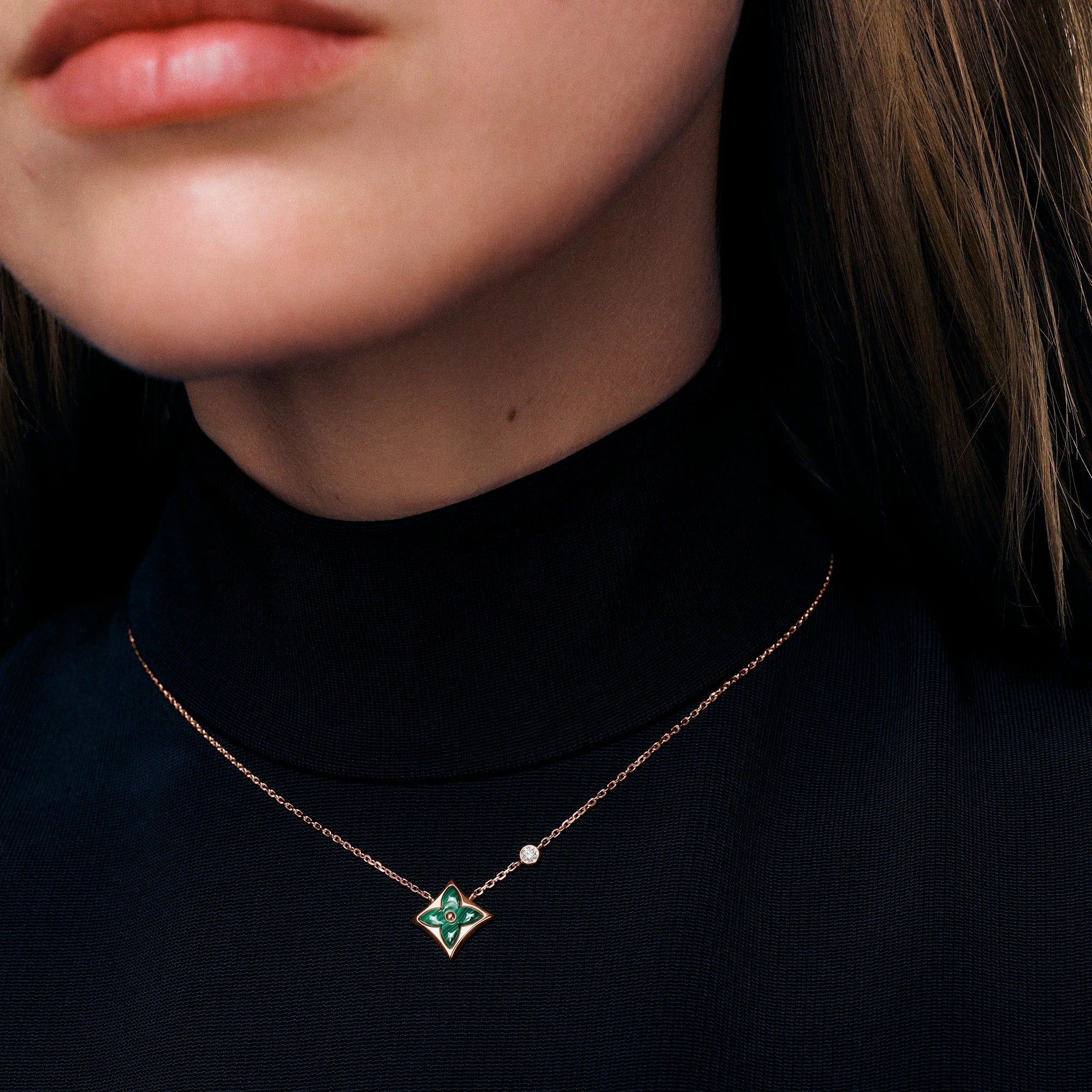 Color Blossom BB Star Pendant, Pink Gold, Malachite and Diamond