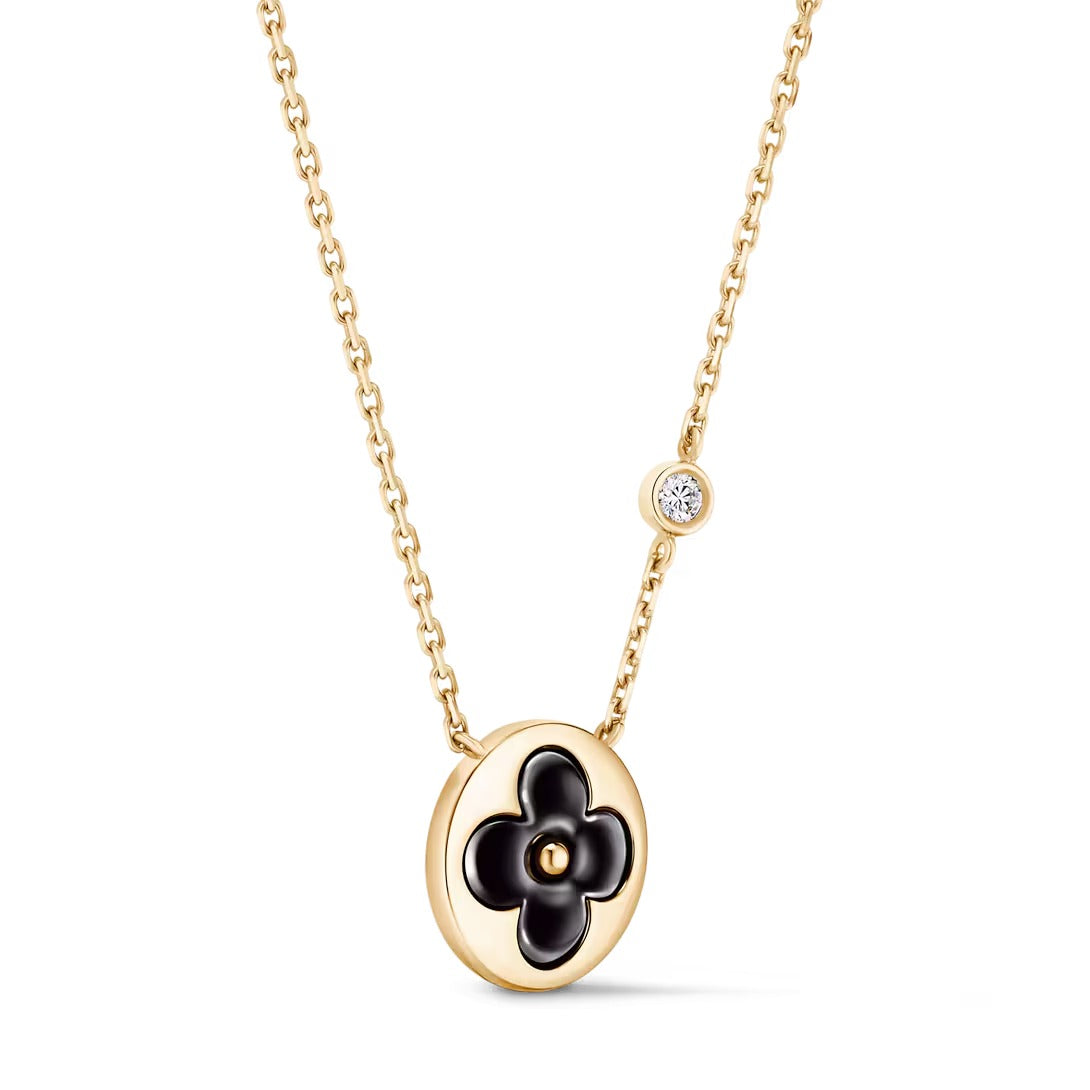 Color Blossom BB Sun Pendant, Yellow Gold, Onyx and Diamond