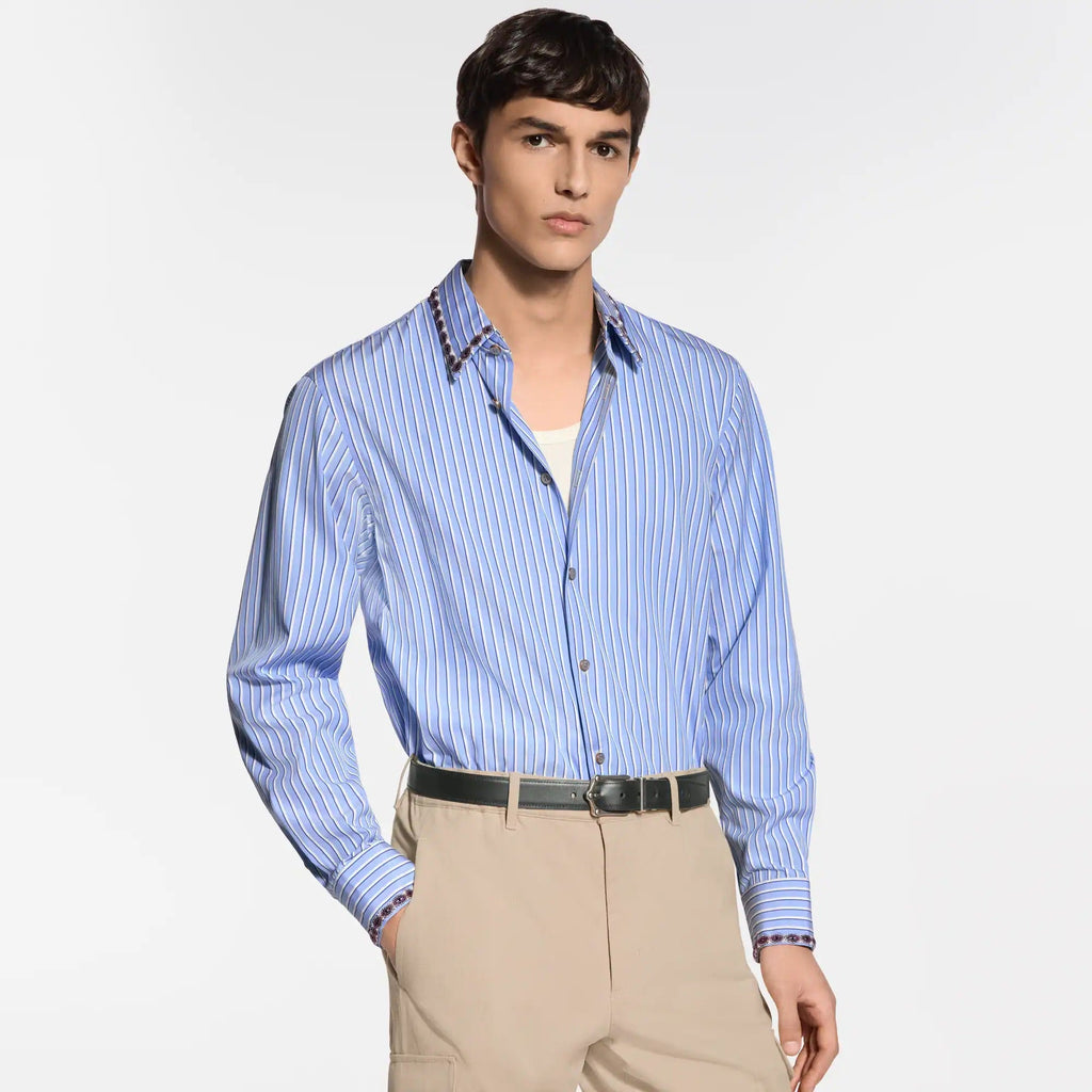 Bead-Embroidered Long-Sleeved Striped Shirt