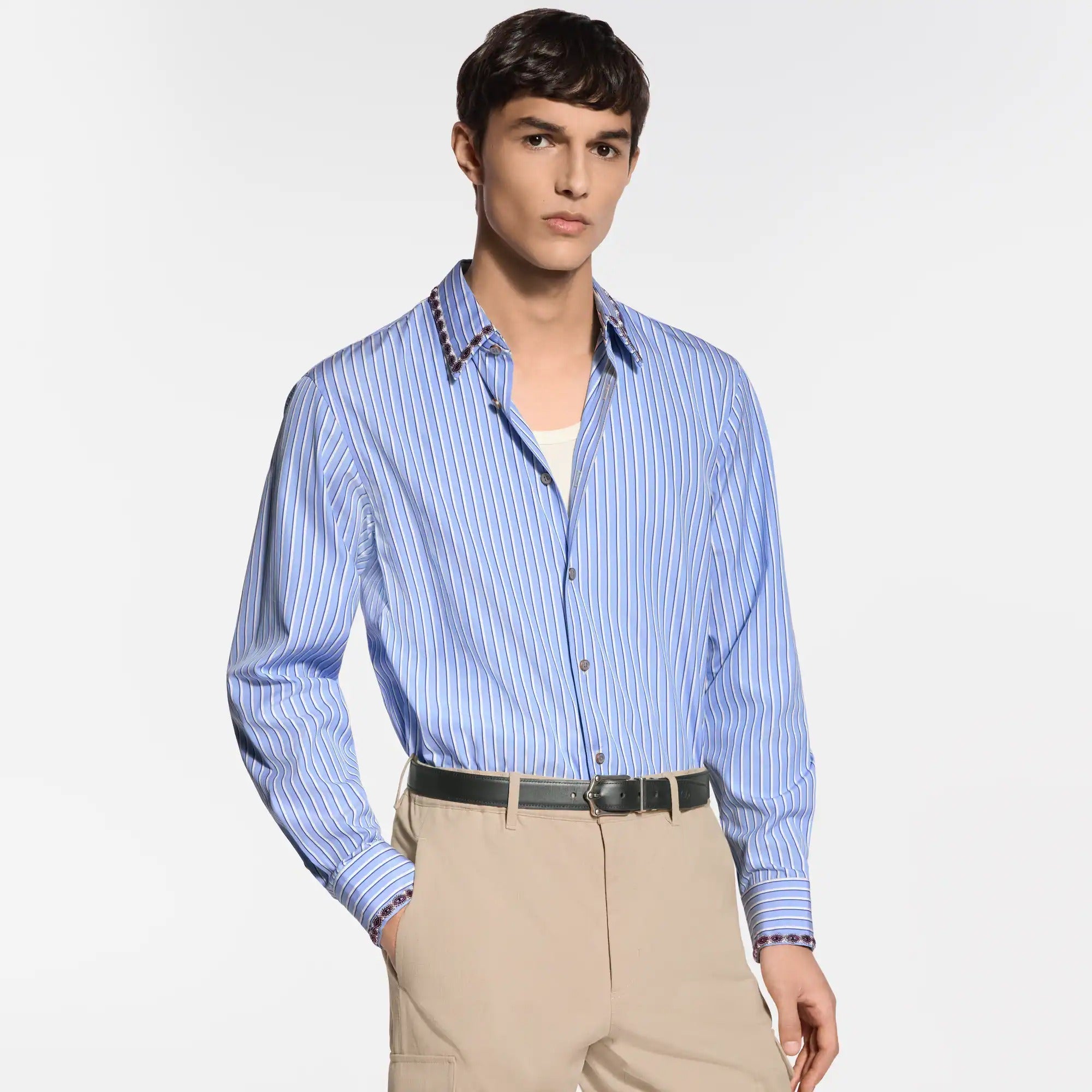 Bead-Embroidered Long-Sleeved Striped Shirt