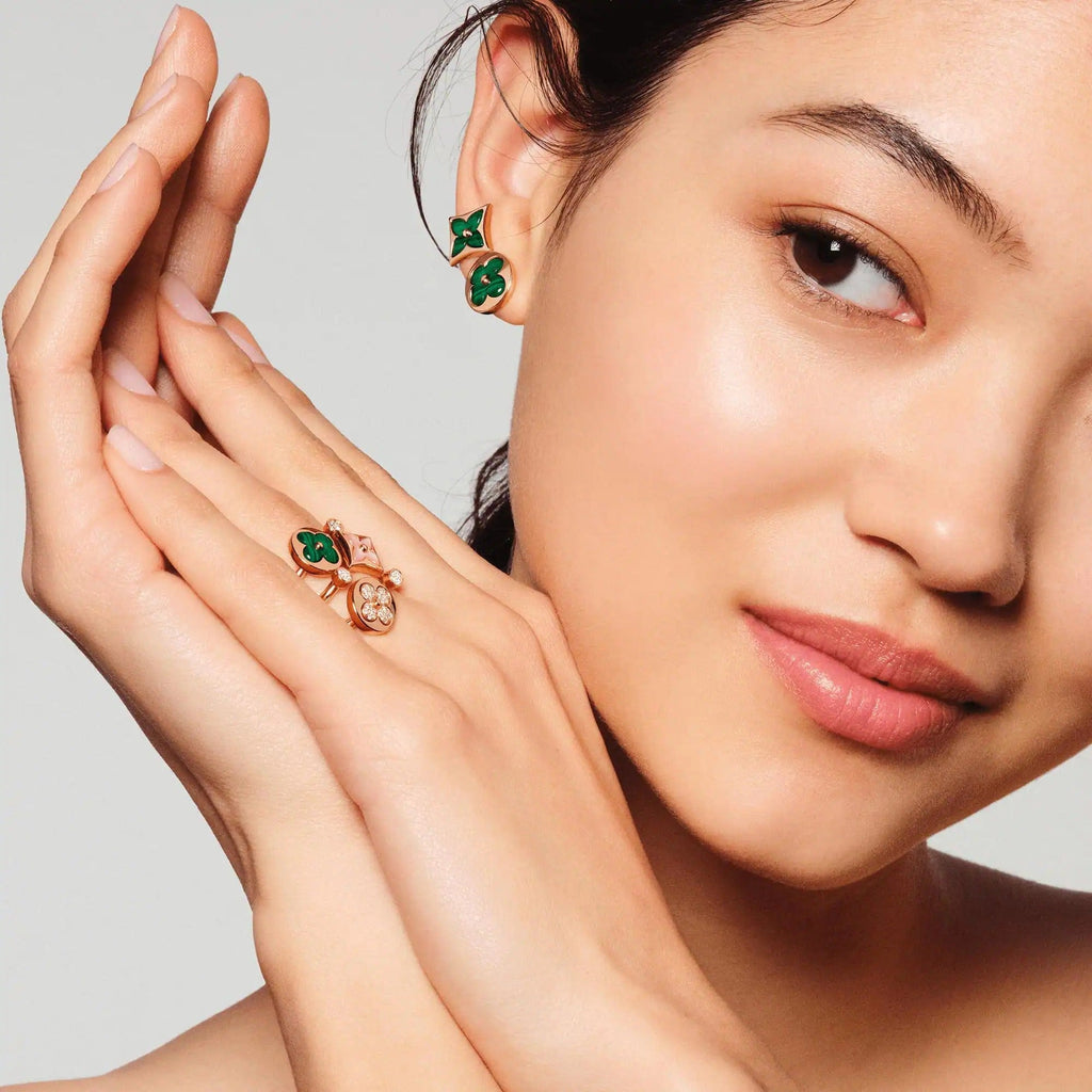 Color Blossom BB Sun Ear Stud, Pink Gold and Malachite - Per Unit