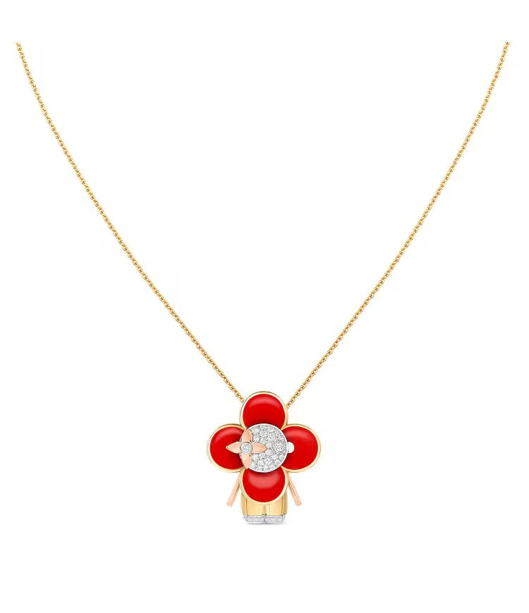 Vivienne pendant, 3 golds, red lacquer & diamonds
