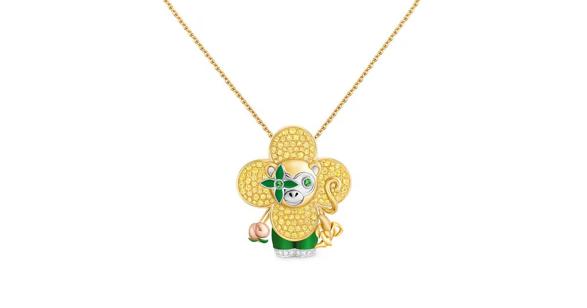 Vivienne Monkey Pendant, 3 Golds, Lacquer, Diamonds & Colored Gemstones