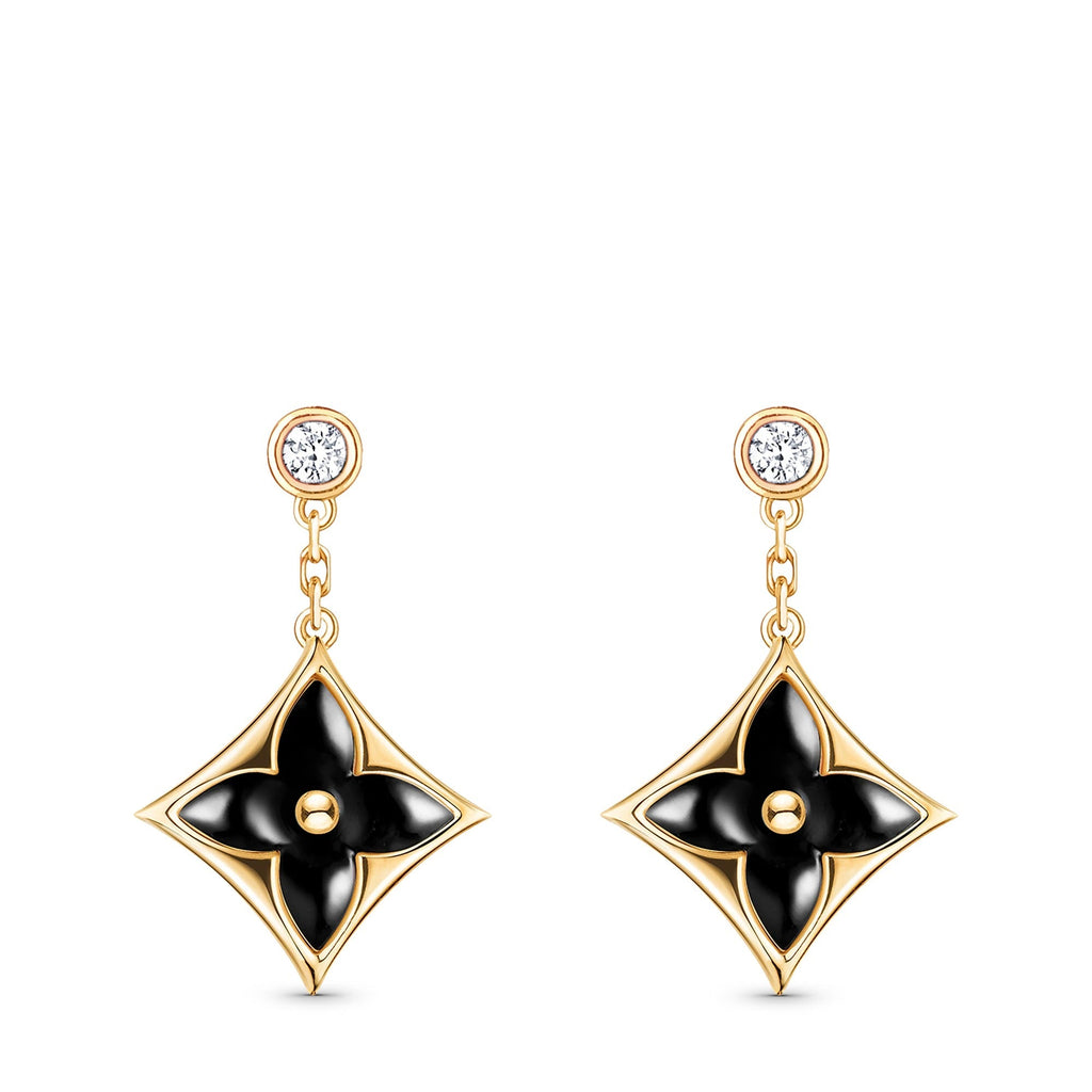 Color Blossom BB Star Earrings, Yellow Gold, Onyx and Diamonds