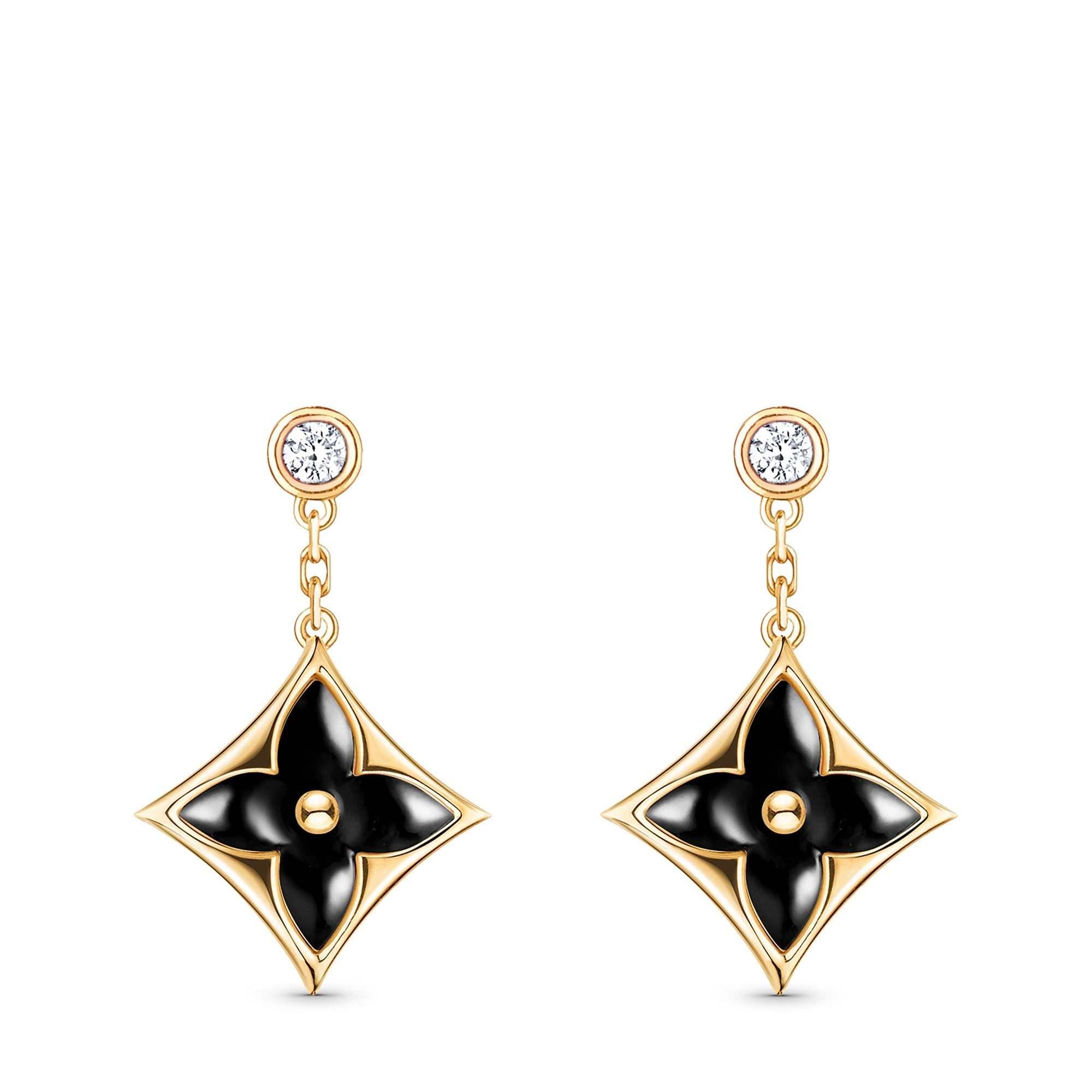 Color Blossom BB Star Earrings, Yellow Gold, Onyx and Diamonds