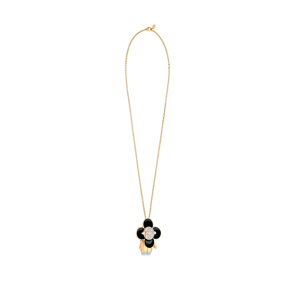 Vivienne pendant, 3 golds, black lacquer & diamonds