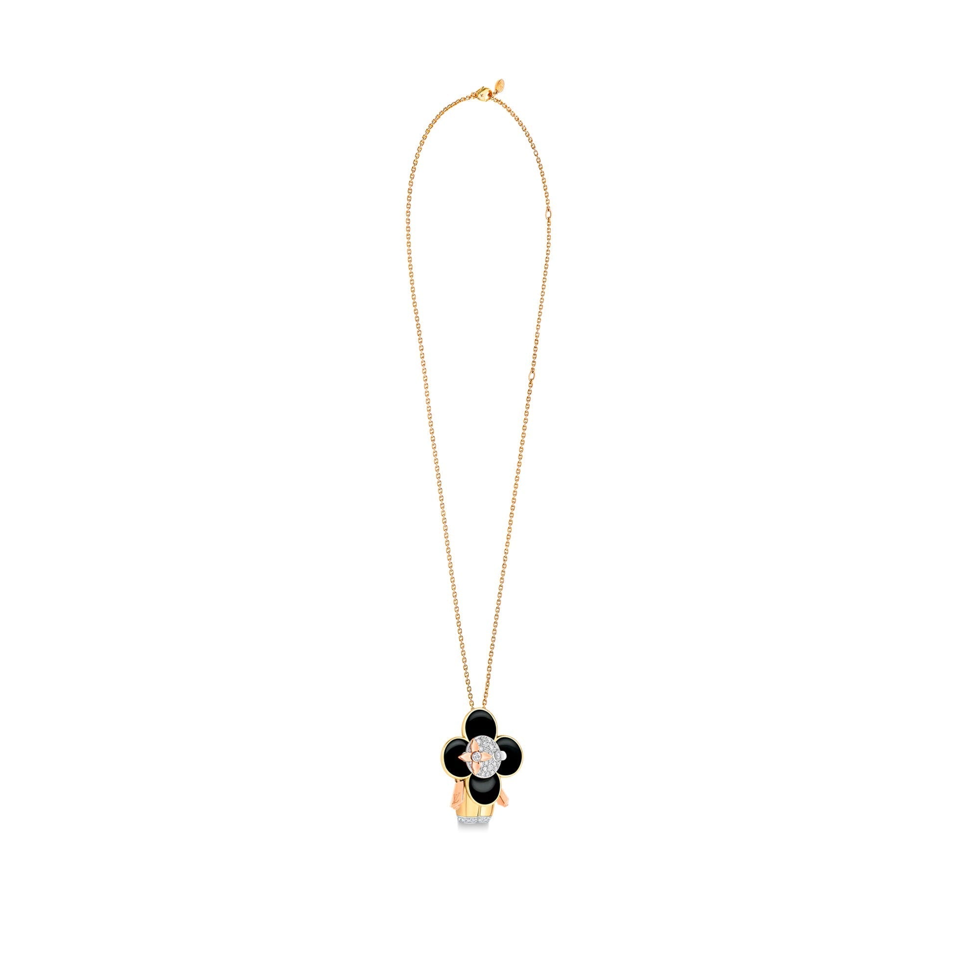 Vivienne pendant, 3 golds, black lacquer & diamonds