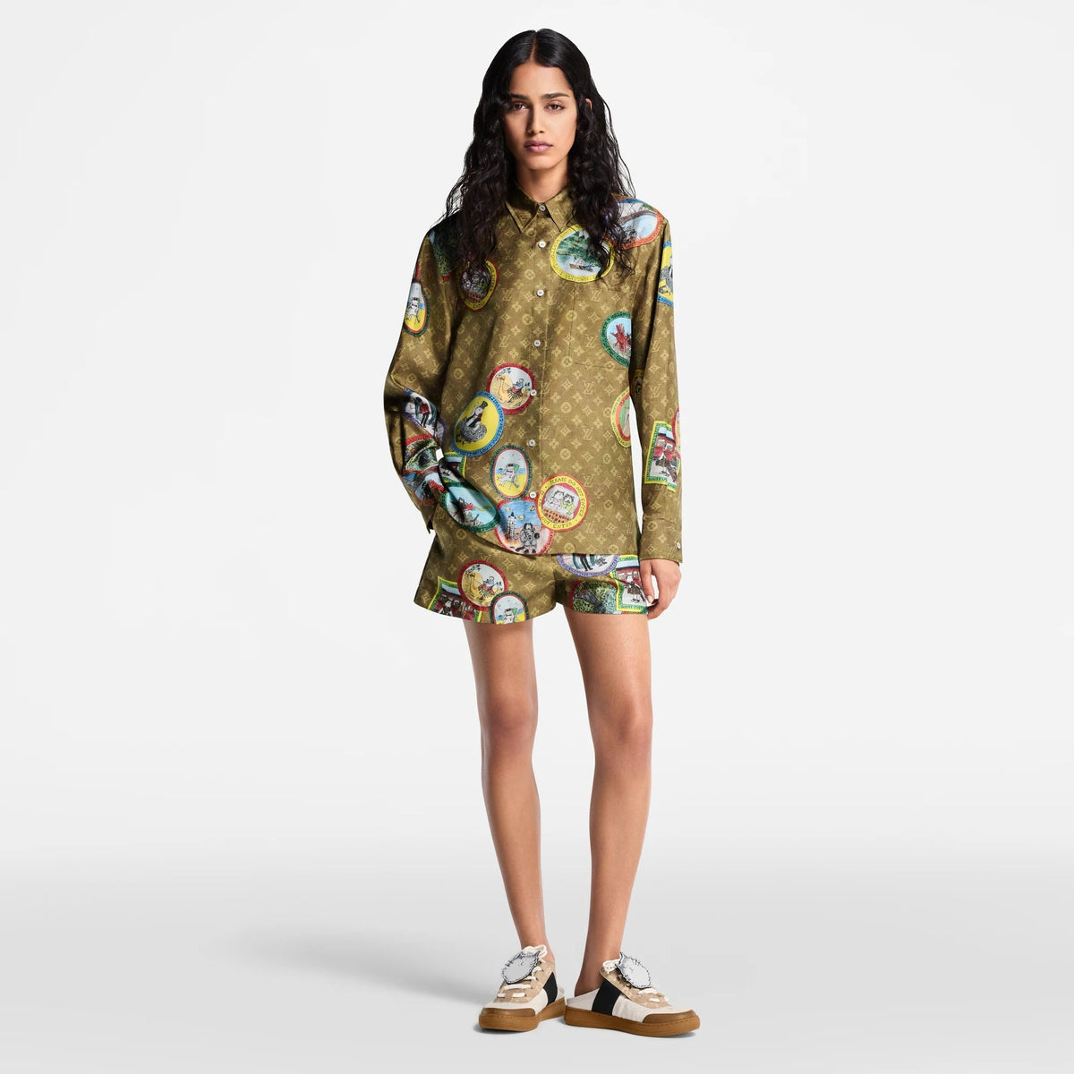 Monogram Cat Stamp Silk Shirt