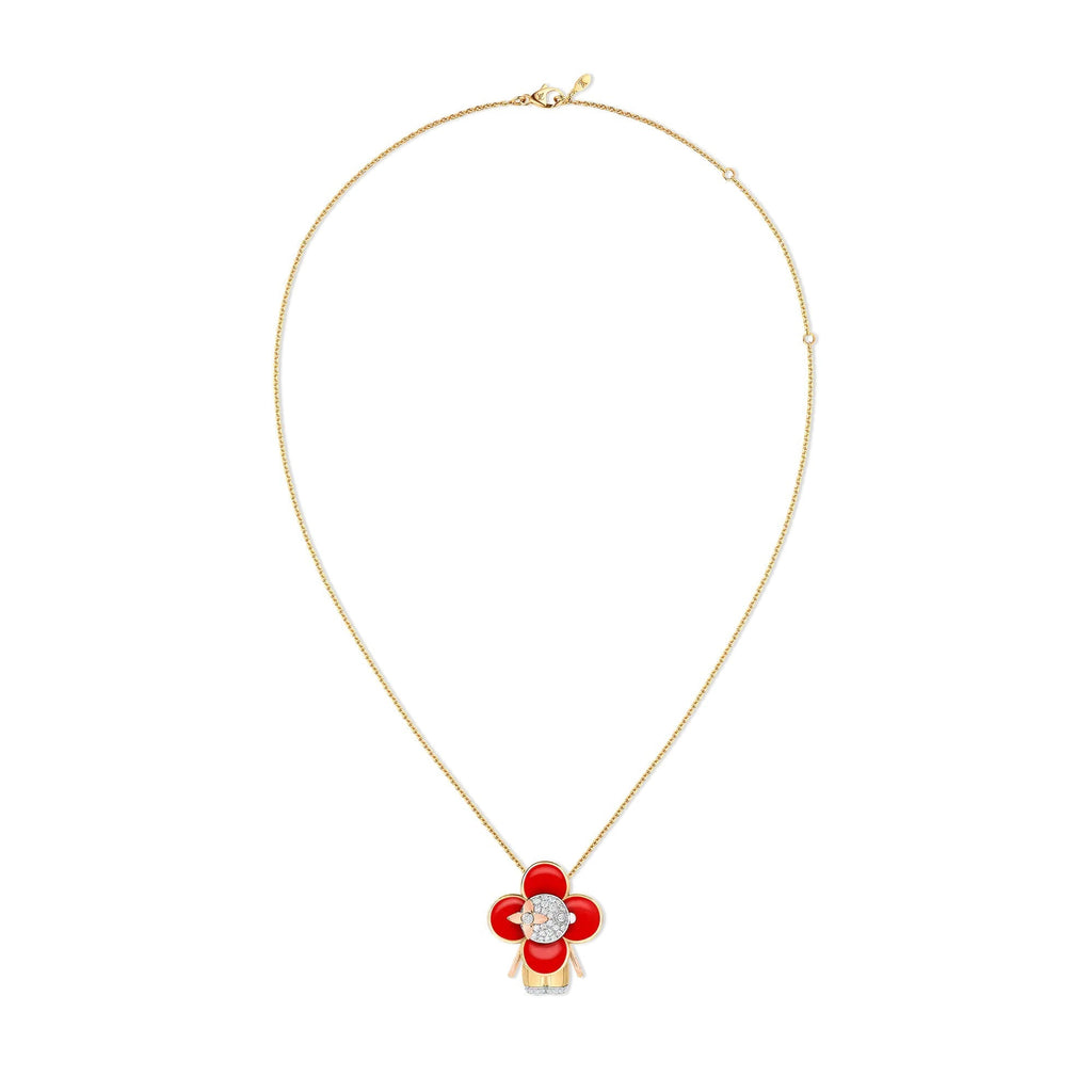 Vivienne pendant, 3 golds, red lacquer & diamonds