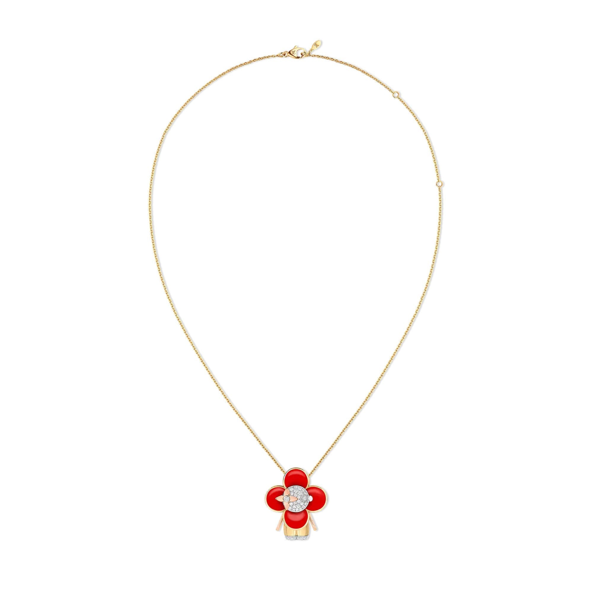 Vivienne pendant, 3 golds, red lacquer & diamonds