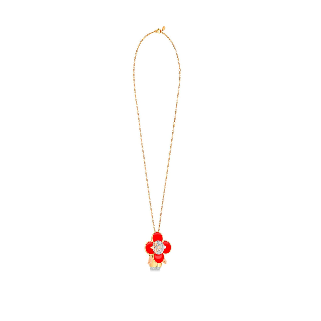 Vivienne pendant, 3 golds, red lacquer & diamonds