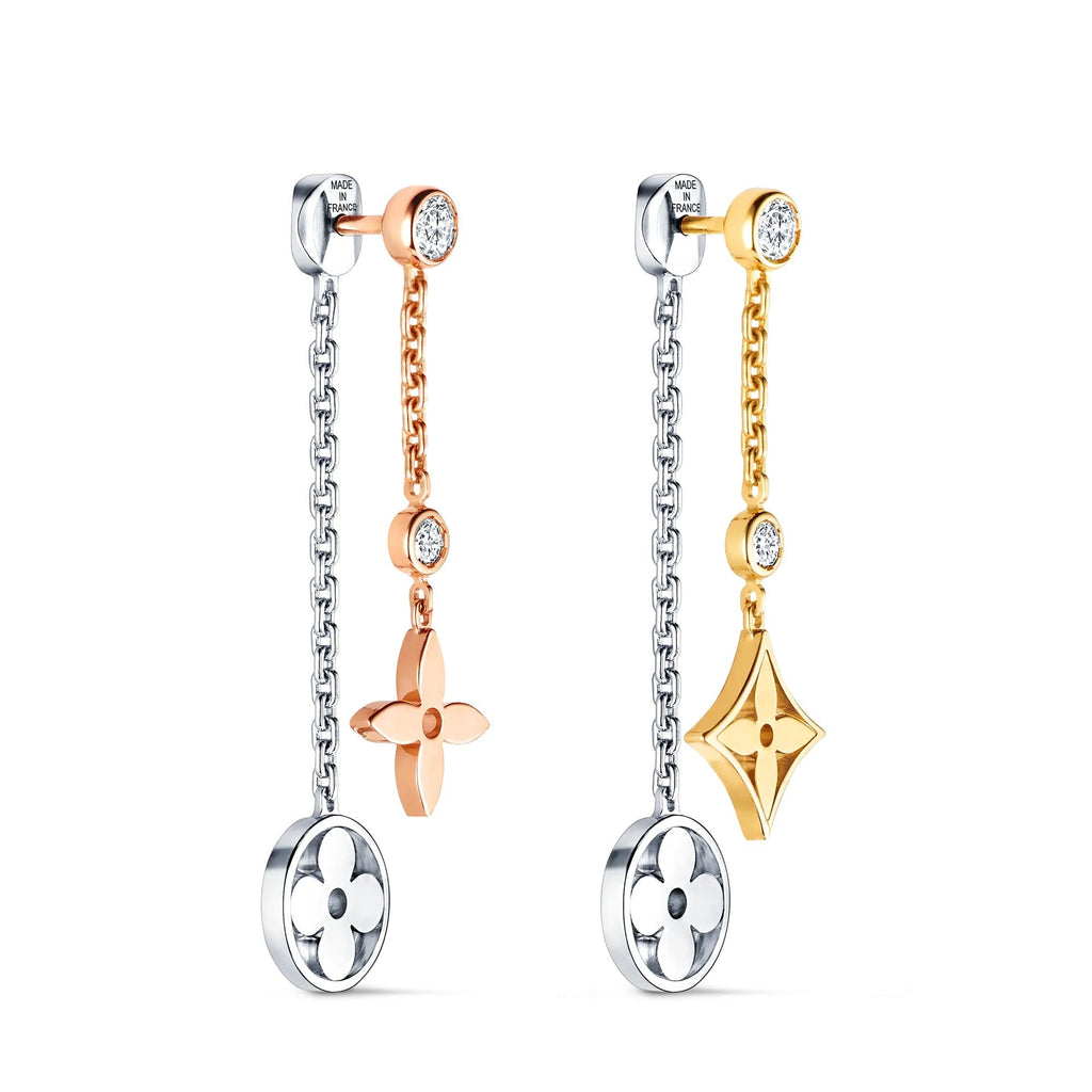 Blossom long earrings, 3 golds and diamonds