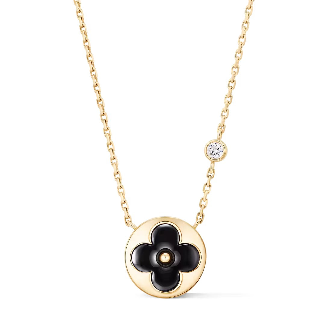 Color Blossom BB Sun Pendant, Yellow Gold, Onyx and Diamond