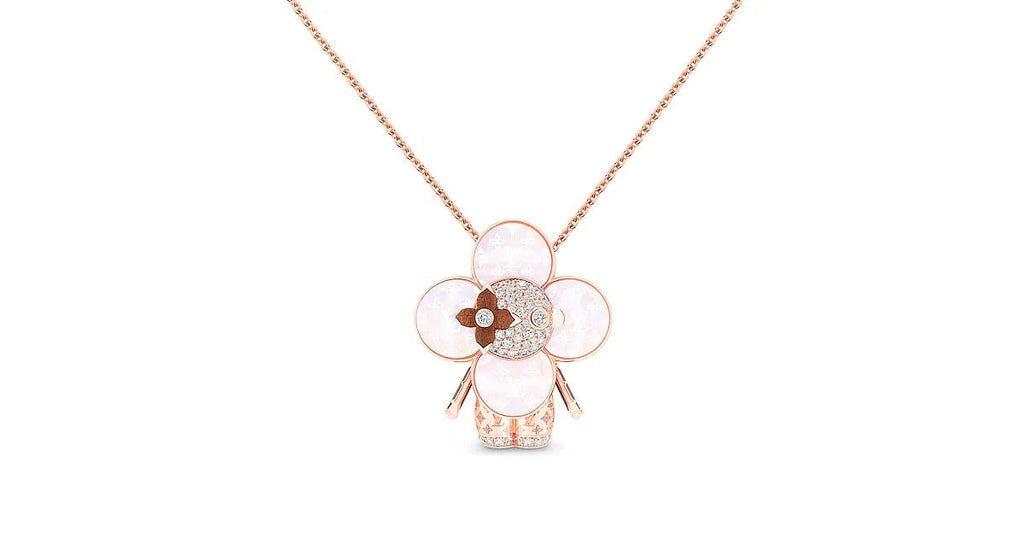Vivienne Monogram Pendant, Pink Gold, Mother-Of-Pearl, Wood & Diamonds