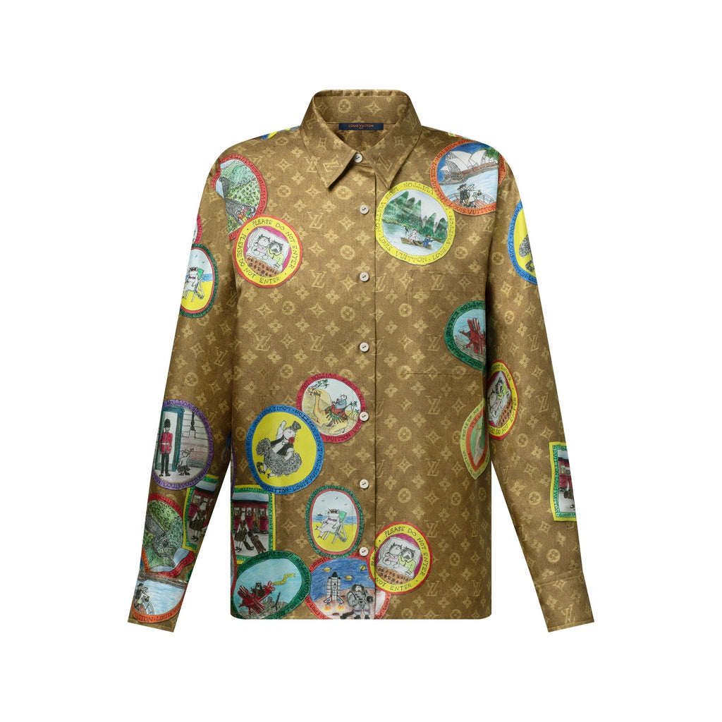 Monogram Cat Stamp Silk Shirt